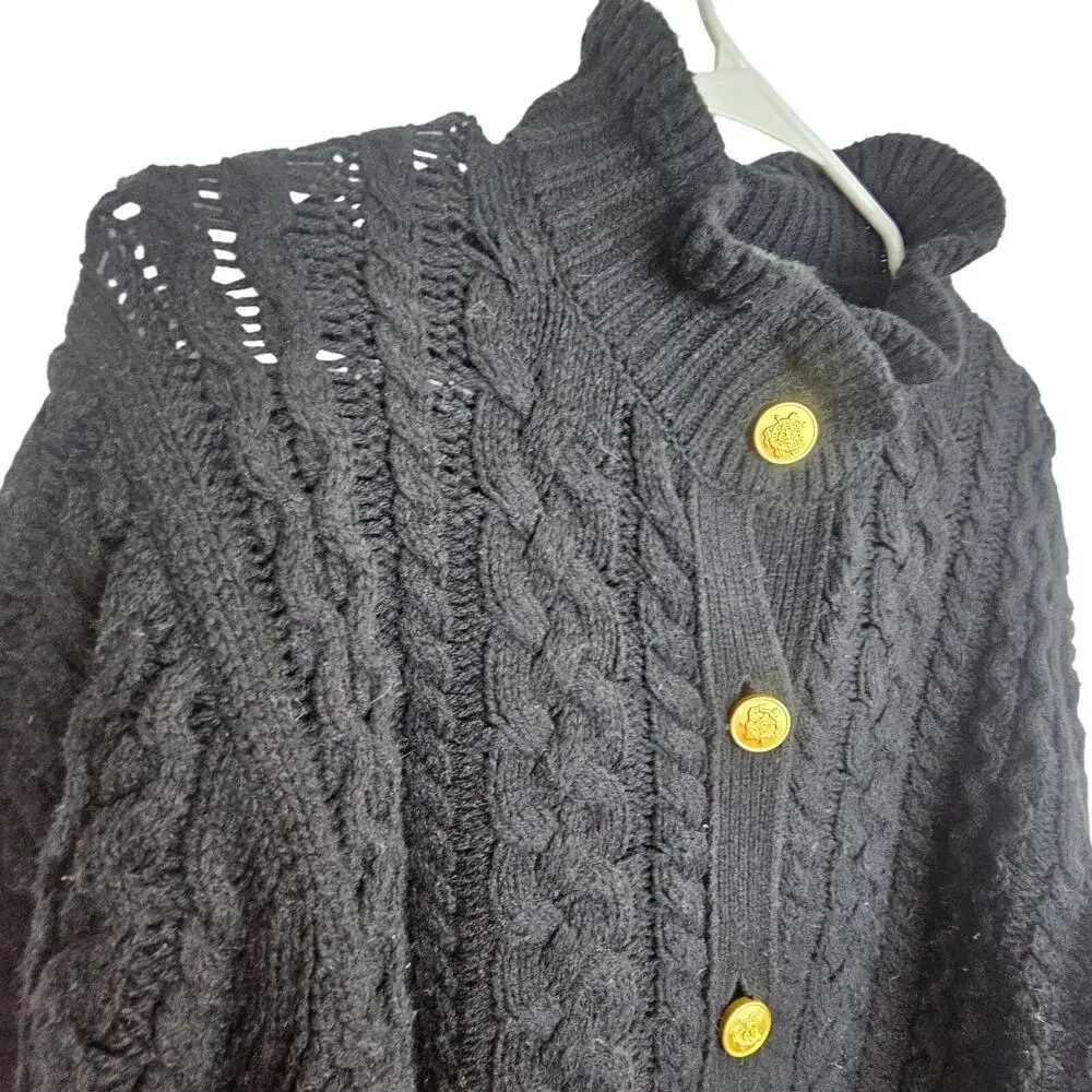 J. Crew Womens Cable Knit Ruffle Neck Cardigan Sweater Size L Lambswool Classic